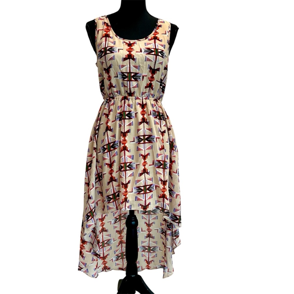 𝅺MAX C London beige geometric Aztec print sleeveless high low dress sz S